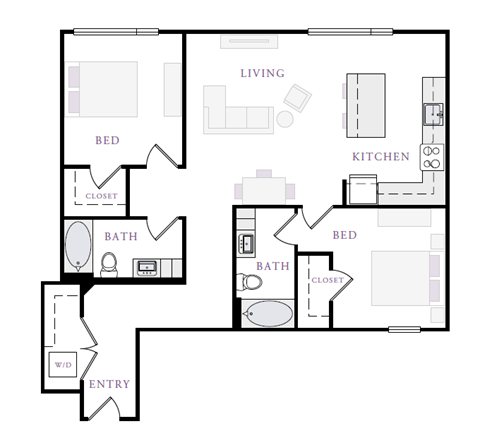 Floor plan for 2 beds, 2 baths, 1118 sqft
